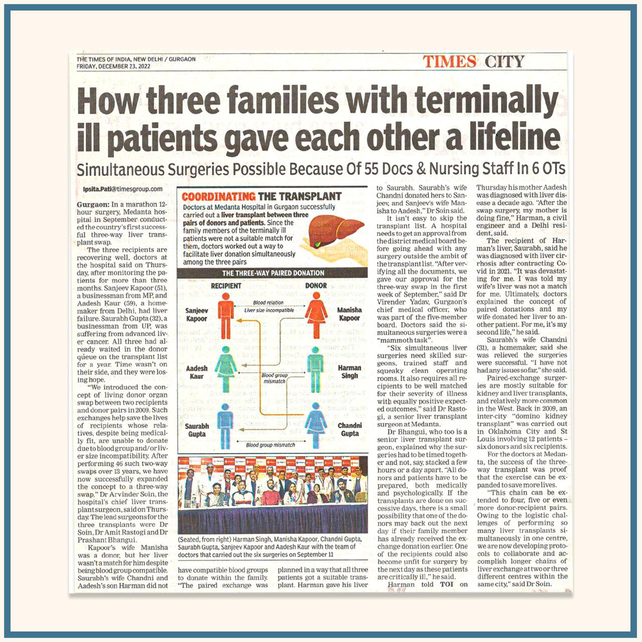 Dr. Soin and his team conduct 6 complex liver operations together in India’s first 3-way liver transplant swap