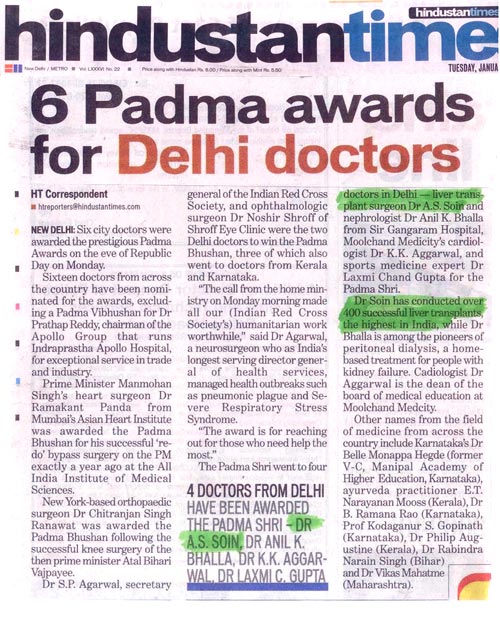 Dr AS Soin awarded the Padma Shri in 2010