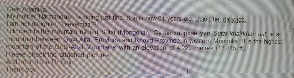 Message from Tsevelmaa, who donated part of her liver to her mother Narmandakh, describing her climb of Mount Sutai in Mongolia